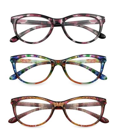 3 Pack Reading Glasses Blue Light Blocking Stylish Cat Eye Computer Readers Anti Eyestrain & Glare for Women Multicolor 3 x