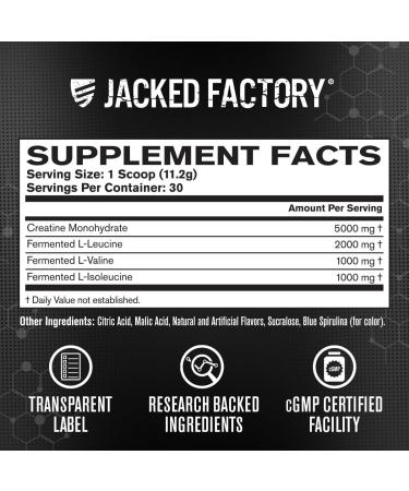 Jacked Factory Creatine + BCAAs - Creatine Monohydrate + BCAA Powder for Increased Post-Workout Recovery Performance Lean Muscle Growth & Reduced Fatigue - 30 Servings Unflavored & Blue Raspberry - Buy Online on GoSupps.com