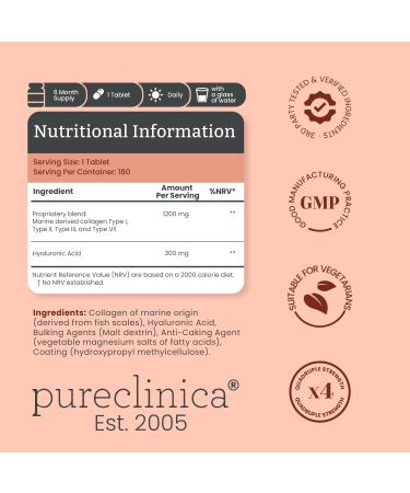  pureclinica 1500 mg x 1080 tablets. 1200 mg of UltraColl Collagen and 300 mg of hyaluronic acid per tablet. (6 bottles of 180 tablets each - 36-month supply) - Buy Online on GoSupps.com