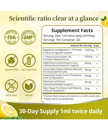 High Absorption Magnesium L-Threonate 1300mg Liquid Drops with L-Theanine&GABA Supports Brain Function Deep Sleep Quality&Stress Relief Natural Lemon Flavor Fast Acting GMP Certified Adults & Children - Buy Online on GoSupps.com