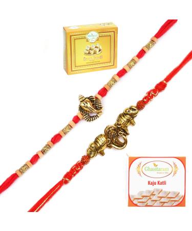 Ghasitaram Gifts Rakhi for Brother Rakhis Online - Set of 2 LD-9923 and LD-84 Om Ganesh Divine Rakhis with 200 GMS of Kaju katli and 200 GMS of Soan Papdi