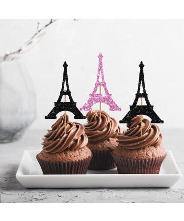 Eiffel Tower Cupcake Toppers Wedding Party Decor Bridal Shower Dessert Cupcake Toppers Paris Themed Birthday Party Decoration - Pink & Black Glitter - Buy Online on GoSupps.com