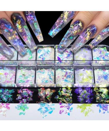 12 Grids Mermaid Nail Art Glitter 3D Holographic Foil Flakes - Iridescent Sequins for Women & Girls DIY Manicure Decor - Buy Online on GoSupps.com
