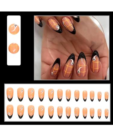 24Pcs Halloween False Nails - Cute Ghost Designs, Medium Almond French, Black Border, Press On Acrylic Nails for Women and Girls - Yellow Plaid Nail Art Accessories - Buy Online on GoSupps.com