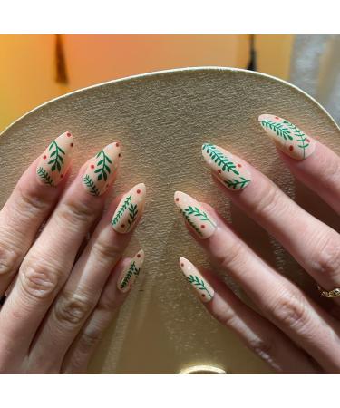 Press on Nails Medium Pointed Tip Fake Nails Simple and Fresh Olive Green Branches False Nails Press on Nails Designs Acrylic Nails Press on Artificial Nails Stick on Nails For Women Girls 24Pcs
