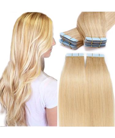 SEGO Tape Extensions Real Hair 20 Pieces Tape Extension Hairpieces 100% Remy Human Hair Glue Medium Blonde #24 14"(35cm)-20g