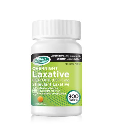 RIGHT REMEDIES Overnight Stimulant Laxative Bisacodyl 5 mg (300 Tablets) Gentle & Effective Overnight Relief of Occasional Constipation Compare to The Active Ingredients in National Brand Product