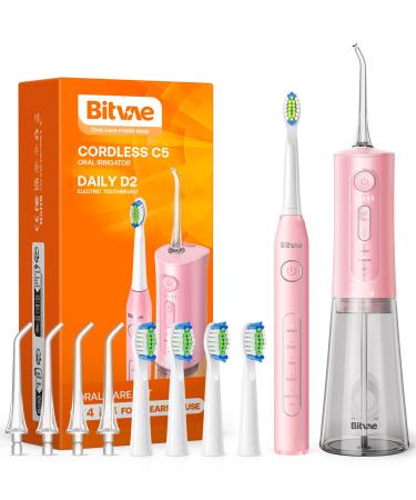 Bitvae oral shower and electrical toothbrushes combination 3 modes & 5 pressure levels oral shower wireless with 5 modes of sound toothbrush including 4 toothbrush heads and 4 jet tips soft pink mouth shower+electric toothbrush Gentle Pink