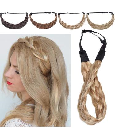 Silk-co women hair band 5 strands blond artificial hair braided headband elastic hair band for women and girls wedding vintage with hair tie hair part braids extensions 3.8cm wide 26/613 3.8cm wide blonde & honey blonde