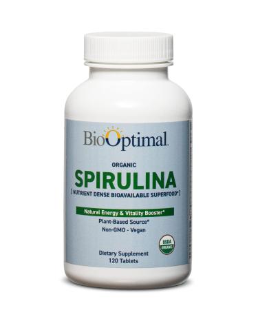BioOptimal Organic Spirulina Tablets, 100% USDA Organic, Premium Quality 4 Organic Certifications, Non-GMO, No Additives Capsules or Fillers, 120 Count 1 Month Supply, Packaging May Vary 120 Count (Pack of 1)
