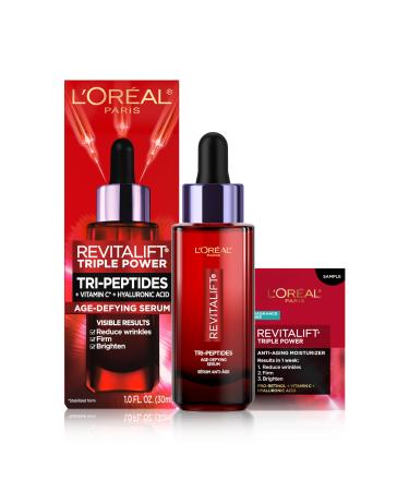 L'Oreal Paris Revitalift Triple Power Age-Defying Face Serum Anti Aging Serum with 3 in 1 Benefits Reduces Wrinkles Firms and Brightens Skin Includes Sample