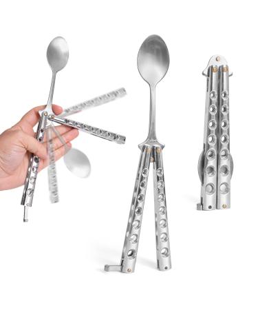 Caliber Gourmet Tactical Butterfly Knife Spoon, Folding Stainless Steel, Switchblade Knife, Camping, Hiking, Kitchen BBQ Grill Picnic Flatware Utensil