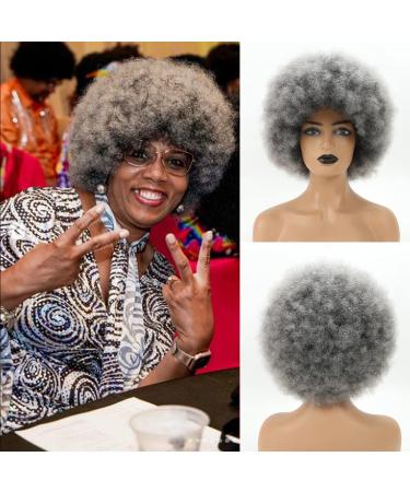 Short Afro Wig for Black Women, Smoky Gray Afro Wigs Unisex Men Women Large Bouncy and Soft Natural Looking Hair, Short Afro Kinky Curly Premium Synthetic Wig(Gray)