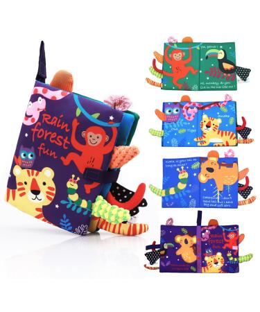 Baby Books 0-12 Months Tropical Rainforest Animals Crinkle Soft Books Built-In Sound Paper with 3d Animal Tails Safe Nontoxic Biteable Baby Cloth Book Early Education Intelligence Development Rain Forest Fun