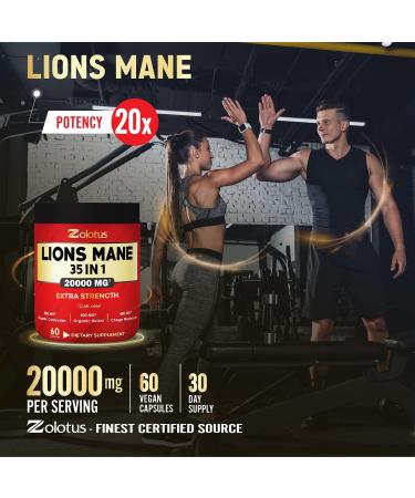 35-in-1 Lions Mane Mushroom Capsules | 20000mg with Cordeyceps, Reishi, Elderberry, Ashwagandha, Panax Ginseng | Focus, Memory, Brain Support Supplement | Immune & Energy Pills - Buy Online on GoSupps.com