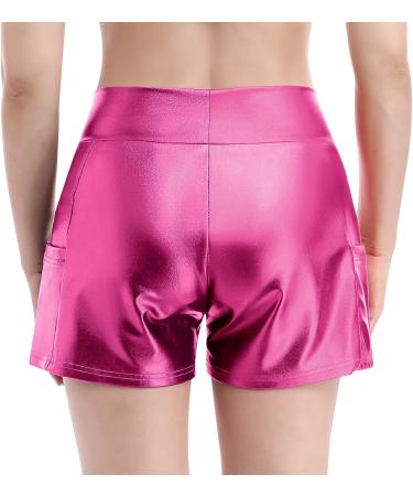 Women's Sparkly Cross V-Front Dance Shorts | High Waist Yoga Gym Rave Party Shorts with Pockets - Hot Pink (Large) - Buy Online on GoSupps.com