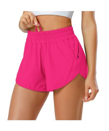 Aurefin Athletic Shorts for Women,Women's Quick Dry Workout Sports Active Running Track Shorts with Elastic and Zip Pockets 2.5 inches X-Small Hot Pink
