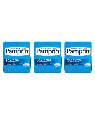 Pamprin Multi-Symptom Formula, with Acetaminophen, Menstrual Period Symptoms Relief Including Cramps, Pain, Irritability and Bloating, 20 Caplets (Pack of 3)