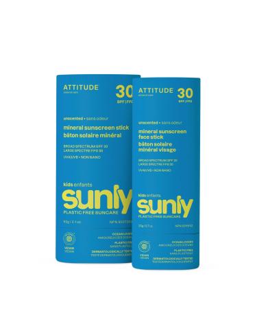Bundle of ATTITUDE Mineral Face and Body Sunscreen Stick for Kids SPF 30 EWG Verified Plastic-Free Broad Spectrum UVA/UVB Protection with Zinc Oxide Dermatologically Tested Vegan Unscented