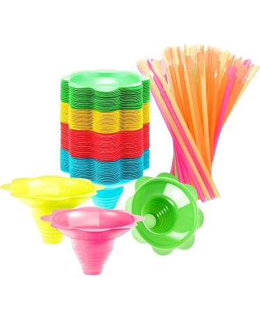 100 Pcs Colorful Flower Cups Reusable Cone Flower Drip Cups Small Bowls Snow Cone Supply Shaved Ice Snacks Ice Cream Bowls with 100 Pcs Cone Spoon Straws (Random Color)