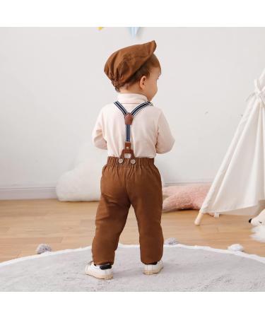 ZOEREA Baby Boy Gentleman Outfit Set | Romper Jumpsuit, Bow Tie, Suspender Pants | 3-6 Months Beige - Buy Online on GoSupps.com