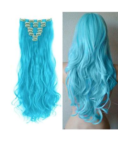 S-noilite 17-26 Inches(43-66cm) 8pcs Long Full Head Clip In Hair Extensions Extension Sexy Lady Fashion Choice 60 Colours (24 Inches-Curly Light Blue) Light Blue 24 Inch