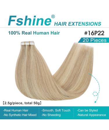 FSHINE Tape In Extensions - Real Hair Gold Blonde Highlights - 20 Pieces 55cm Remy Hair Straight #16P22 - Buy Online on GoSupps.com