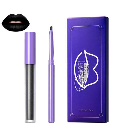 2Pcs Black Matte Liquid Lipstick Lip Liner Set Waterproof Lip Liner and Lipstick Set Long Lasting Smudge Proof Lip Gloss Stain Black Lipstick Lipgloss Halloween Cosplay Goth Makeup Kit