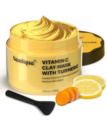 Neatique Vitamin C Clay Mask - Curcumin Facial Treatment deep cleanses & detoxifies balances skin tone improves complexion reduces dark spots - 7.03 Oz