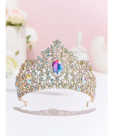 SWEETV Iridescent Crystal Queen Crown - Aliza Quinceanera & Wedding Tiara | Gold AB Crystal - Buy Online on GoSupps.com