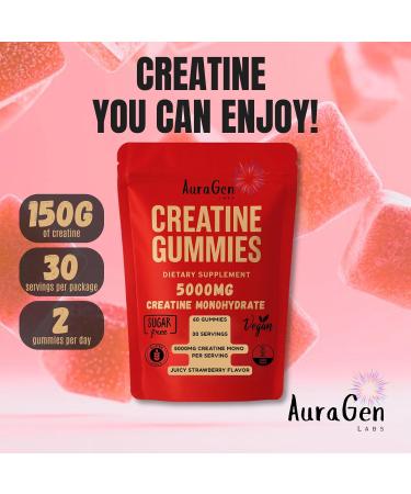 AuraGen Labs Creatine Gummies 5g (5000mg) Sugar-Free Vegan Creatine Supplement for Men & Women 30-Day Supply for Muscle Strength Recovery & Cognitive Support Juicy Strawberry - Buy Online on GoSupps.com