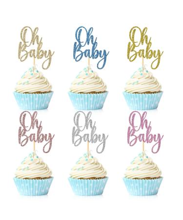 24 Pieces Oh Baby Cupcake Topper Multicolor Glitter Baby Shower Cake Decorations Boys Girls Birthday Party Supplies