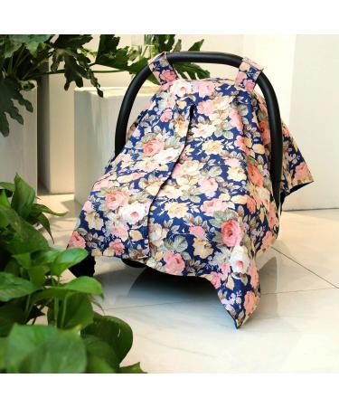 Oikabio Car Seat Cover Nursing Scarf Canopy - Dark Blue Flowers for Boys & Girls | Perfect for Breastfeeding & Travel - Buy Online on GoSupps.com