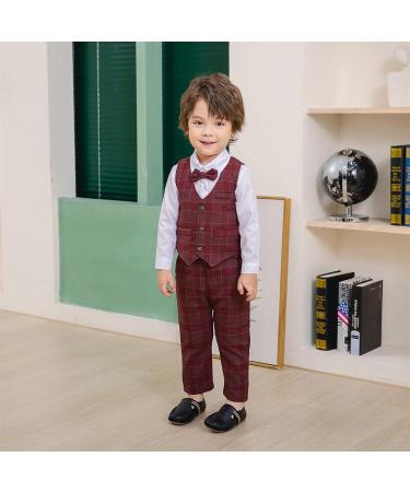 Volunboy Baby Boys Gentleman Suit 4 PCS Set | Toddler Formal Outfit with Waistcoat, Wedding Shirts, Vest, and Bow Tie | 4-5 Years | Red Plaid - Buy Online on GoSupps.com