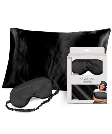 Olivia Rose Satin Pillowcase for Hair and Skin Fiber Natural Satin Silk Pillowcase with Eye Mask Sleep Set Black Black Satin EyeMask & Satin Pillow Case Set