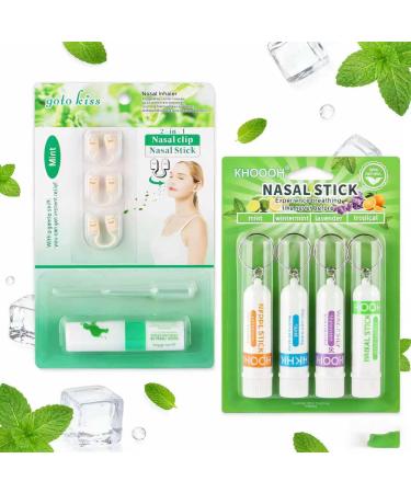 Nasal Inhaler & Nasal Clip Set - Triple Refreshing Menthol/Borneol Plant Essential Oil Energy Sticks for Fatigue Relief Stay Awake During Class/Work/Driving (4 Scent Options)
