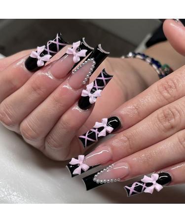 24Pcs Black French Tip Press on Nails Long Coffin Pink Fake Nails silk ribbon Stick on Nails with Bow & Pearl Nail Charms False Nails Artificial Glossy Full Cover Acrylic Nails for Women Long Nails Style 1