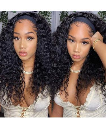 Human Hair Headband Wigs for Black Women Peruvian Virgin Hair Deep Wave Wig None Lace Front Wigs Human Hair Glueless Curly Wigs with Headbands Wet and Wavy Wigs 150 Density(deep wave headband wig) Deep Wave Headband Wig ...