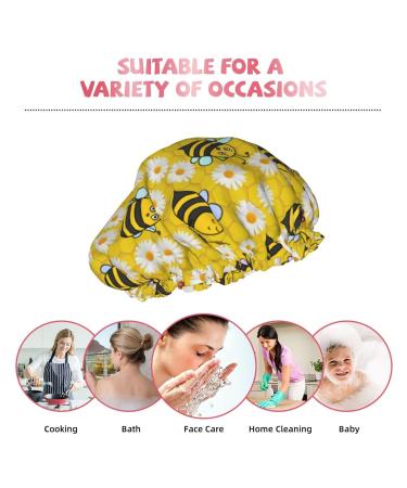 Cute Bee and Flowers Pattern Shower Cap for Women - Reusable Long Hair Cap with Elastic Band - Double Layer Bathing Hat for Adults and Kids - Buy Online on GoSupps.com