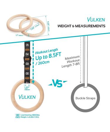 Vulken Adjustable Wooden Gymnastic Rings with Numbered Straps - 1.1'' Olympic Rings for Core Workout and Bodyweight Training | Home Gym Rings 1600lbs - Buy Online on GoSupps.com