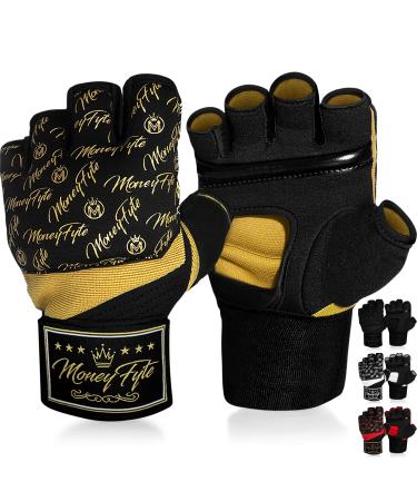 MoneyFyte Quick Gel Boxing Wraps Under Boxing Gloves - Kickboxing MMA Muay Thai - Fist, Knuckle, Wrist Wrap Protection Inner Glove Hand Wraps - Men Women Kids Black/Gold S/M