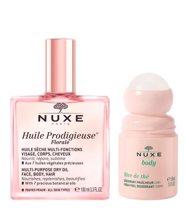 Nuxe Huile Prodigieuse Floral (3.3 Fl Oz) & R ve de Th Aluminum-Free Deodorant (1.6 Fl Oz) Skincare Duo for Radiant Skin & 24-Hour Freshness