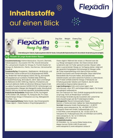 Flexadin Young Dog Mini | For healthy joints in young dogs up to 10 kg | With glucosamine chondroitin omega-3 and devil's claw 60 joint treats - Buy Online on GoSupps.com