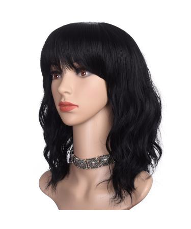 morvally Short Black Wavy Bob Wig with Bangs for Women 16 Inches Natural Synthetic Hair Wavy Wigs Natural Black 16 Inch (Pack of 1)