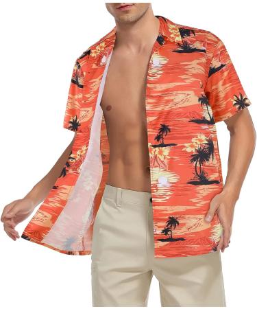 Hawaiian Men's Casual Beach Shirt - Short Sleeve Button Down Floral Palm Trees Orange - Size Medium - Buy Online on GoSupps.com