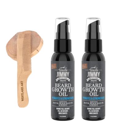 Uncle Jimmy Beard Products 2 Fl Oz With Biotin & Black Seed Oil For Thicker Fuller Beards Bundle With Wooden Comb Hair Treatment Innate Ingredients Non-Greasy - Beard Oils For Men Pack Of 2