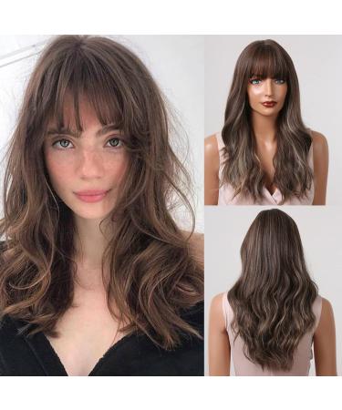 HAIRCUBE Long Brown Curly Wigs for Women Synthetic Hair Wig with Bangs Brown 2