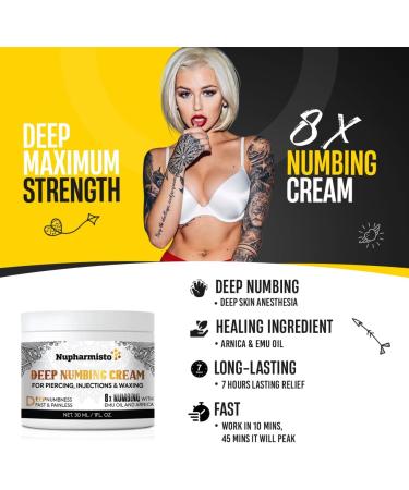 Nupharmisto Deep Numbing Cream for Piercing Injections& Tattoos Fast Numbing for Waxing 7 Hours Maximum Strength Painless Numbing Cream for Injections 8x Numbing with Emu Oil and Arnica. 30ml/1oz White - Buy Online on GoSupps.com