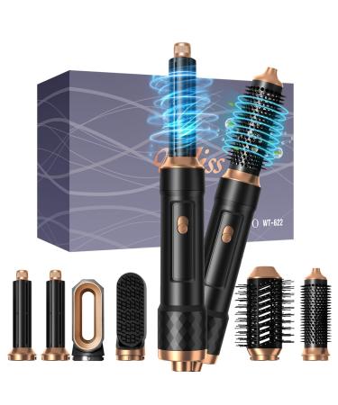6 in 1 Detachable Hair Styling Tool Set: Ionic Hot Air Brush Round Straightener Volumizer Thermal Curler Wand and Blow Dryer Black