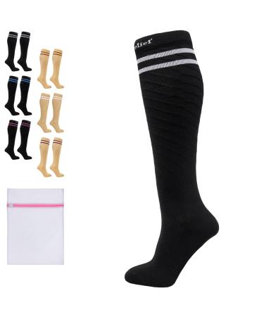 360 RELIEF - Flight Compression Socks Supports | Blood Circulation Travel Work S-M Black with 2 White lines